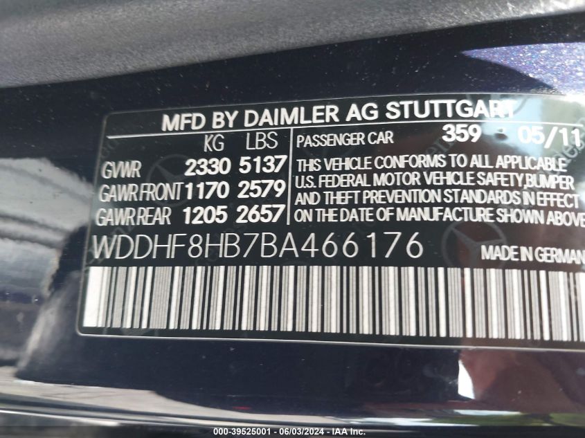 2011 Mercedes-Benz E 350 4Matic VIN: WDDHF8HB7BA466176 Lot: 39525001