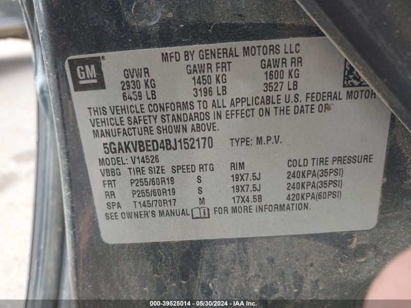 2011 Buick Enclave 1Xl VIN: 5GAKVBED4BJ152170 Lot: 39525014