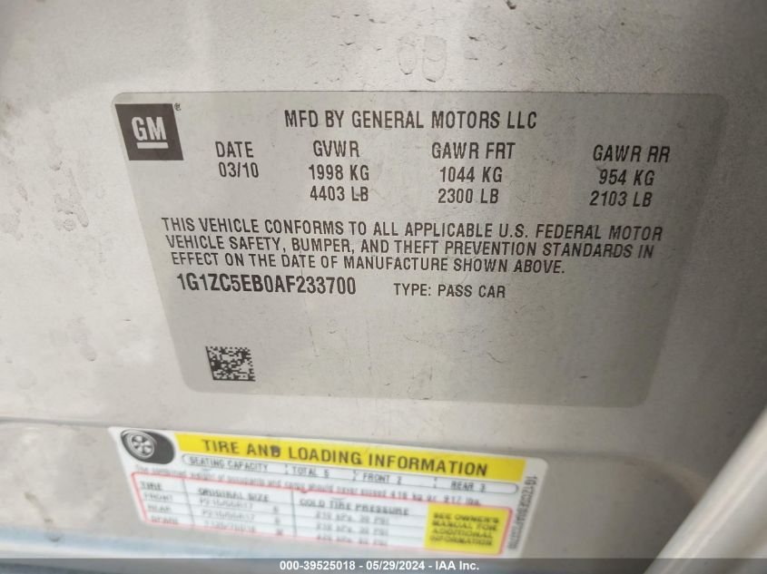 2010 Chevrolet Malibu Lt VIN: 1G1ZC5EB0AF233700 Lot: 39525018