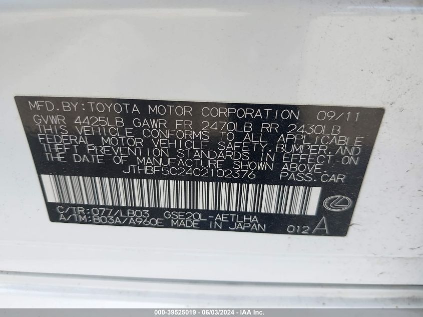 2012 Lexus Is 250 VIN: JTHBF5C24C2102376 Lot: 39525019