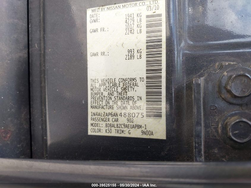 2010 Nissan Altima 2.5 S VIN: 1N4AL2AP6AN488075 Lot: 39525155