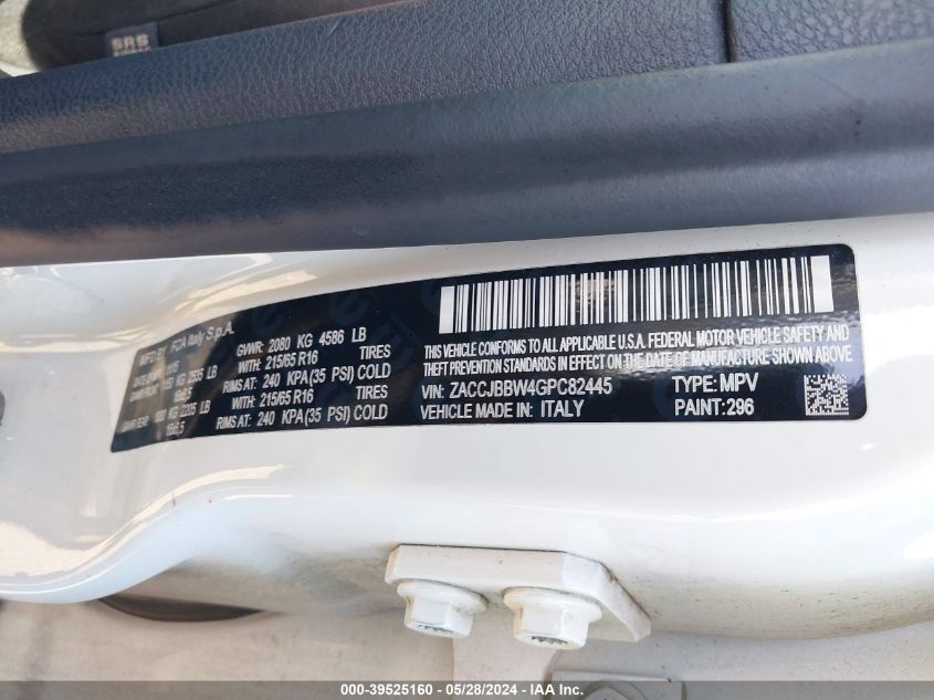 2016 Jeep Renegade Latitude VIN: ZACCJBBW4GPC82445 Lot: 39525160