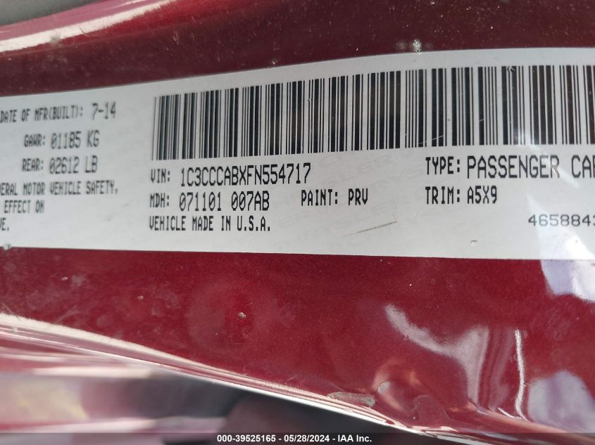 2015 Chrysler 200 Limited VIN: 1C3CCCABXFN554717 Lot: 39525165