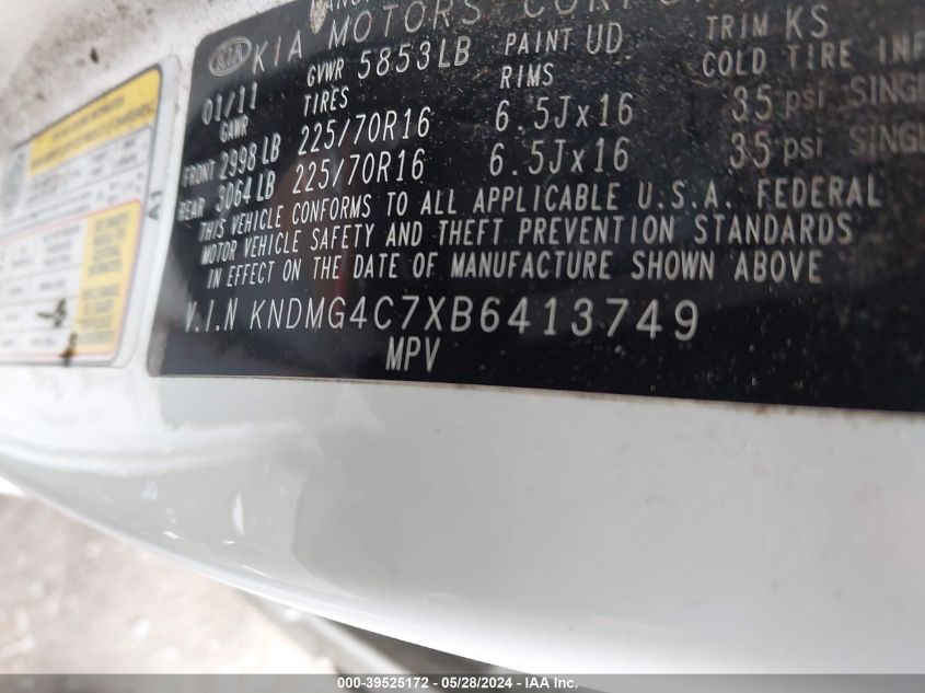 2011 Kia Sedona Lx VIN: KNDMG4C7XB6413749 Lot: 39525172