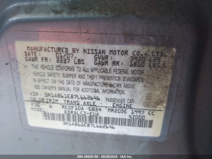 2007 Nissan Sentra 2.0 VIN: 3N1AB61E87L662646 Lot: 39525186