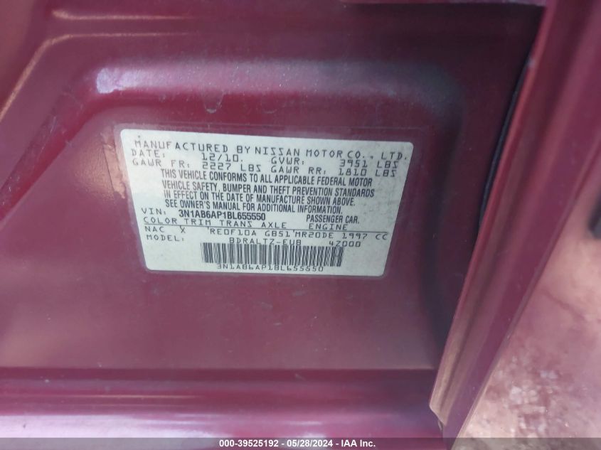 2011 Nissan Sentra 2.0S VIN: 3N1AB6AP1BL655550 Lot: 39525192