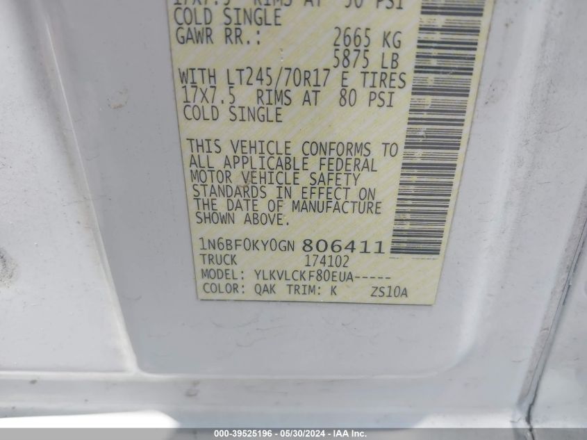 2016 Nissan Nv Cargo Nv2500 Hd S V6 VIN: 1N6BF0KY0GN806411 Lot: 39525196