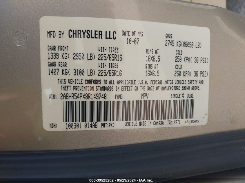 2008 Chrysler Town & Country Touring VIN: 2A8HR54PX8R149748 Lot: 39525202