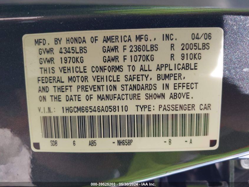 2006 Honda Accord 3.0 Ex VIN: 1HGCM66546A058110 Lot: 39525203
