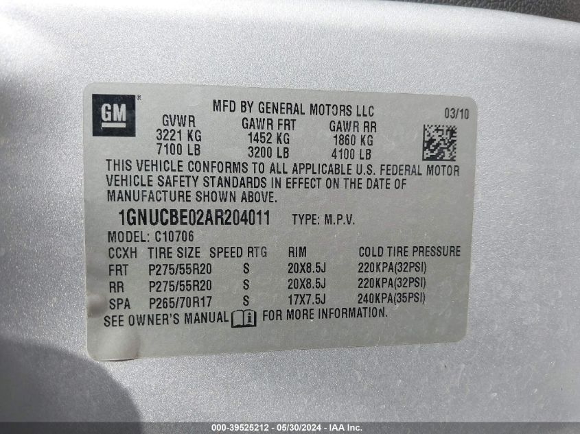 2010 Chevrolet Tahoe Lt VIN: 1GNUCBE02AR204011 Lot: 39525212