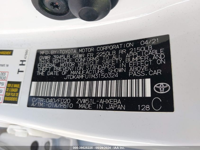 2021 Toyota Prius Le VIN: JTDKAMFU1M3150324 Lot: 39525225