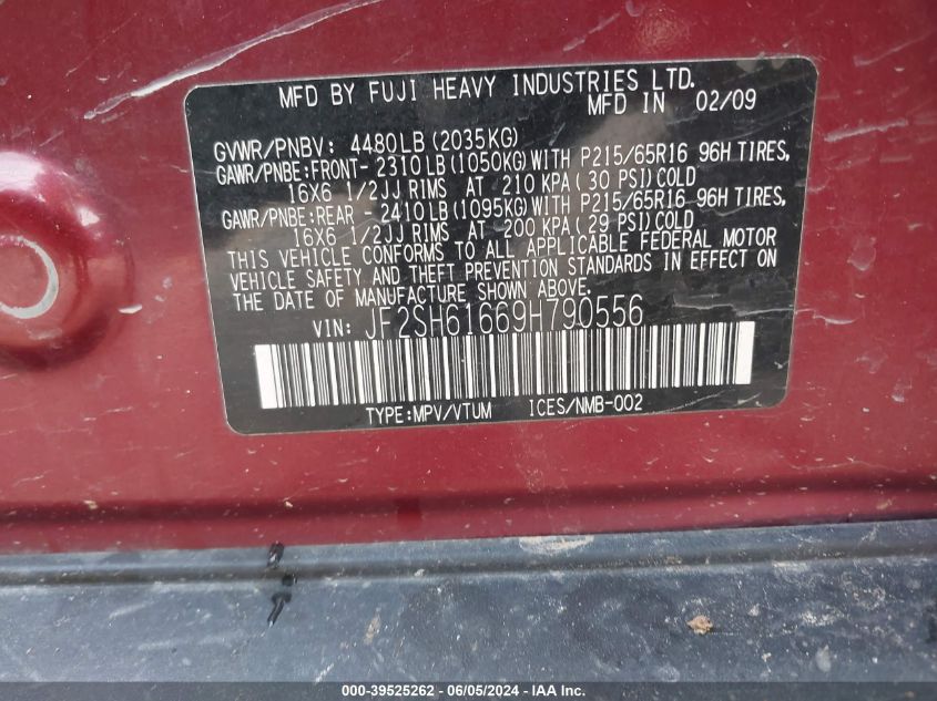 2009 Subaru Forester 2.5X VIN: JF2SH61669H790556 Lot: 39525262