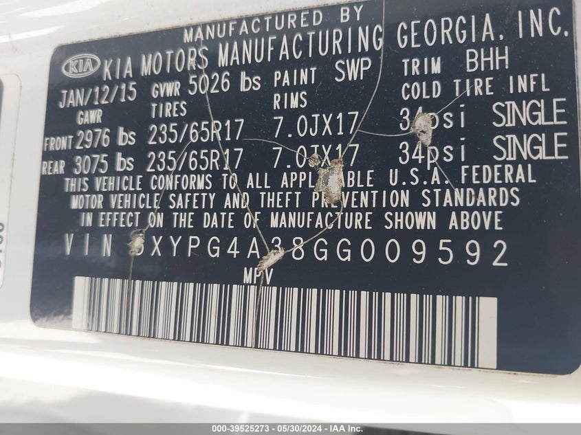 2016 Kia Sorento 2.4L Lx VIN: 5XYPG4A38GG009592 Lot: 39525273