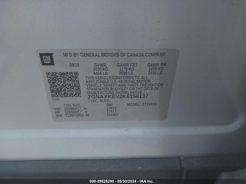 2019 Chevrolet Equinox Lt VIN: 2GNAXKEV2K6156137 Lot: 39525280