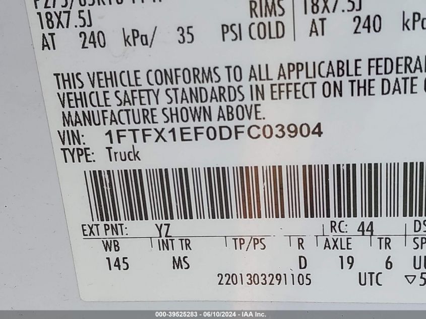 2013 Ford F-150 Xlt VIN: 1FTFX1EF0DFC03904 Lot: 39525283