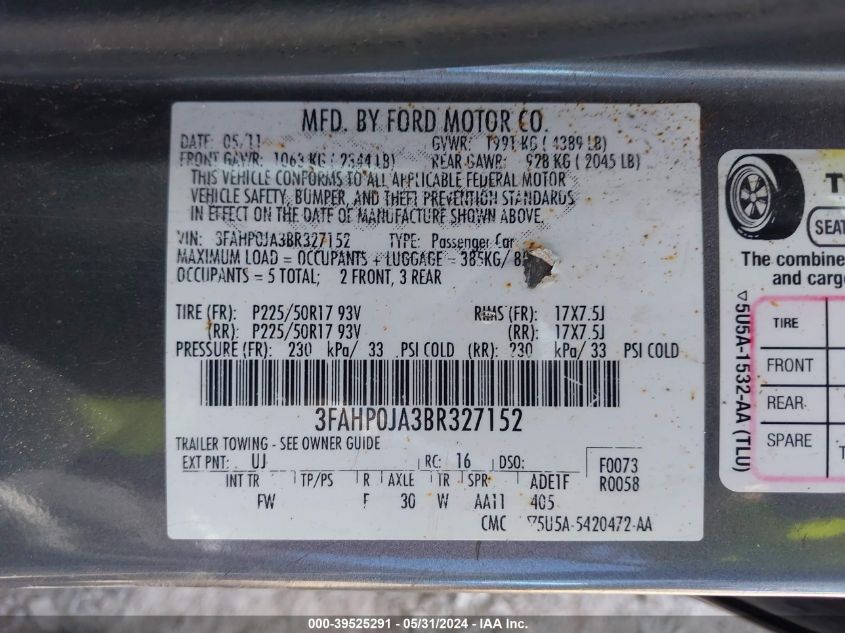 2011 Ford Fusion Sel VIN: 3FAHP0JA3BR327152 Lot: 39525291