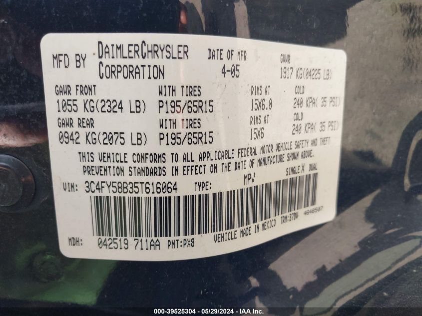 2005 Chrysler Pt Cruiser Touring VIN: 3C4FY58B35T616064 Lot: 39525304