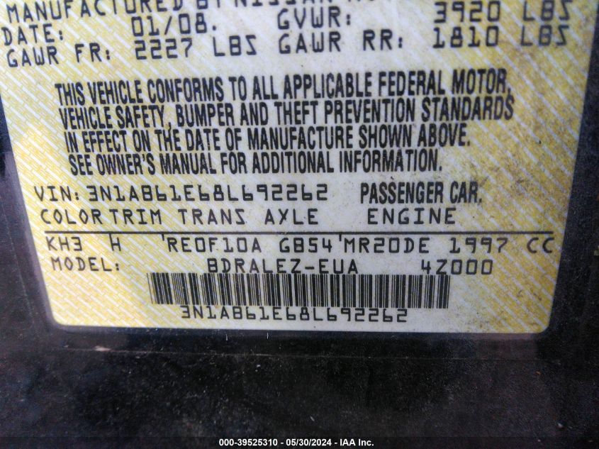 2008 Nissan Sentra VIN: 3N1AB61E68L692262 Lot: 39525310