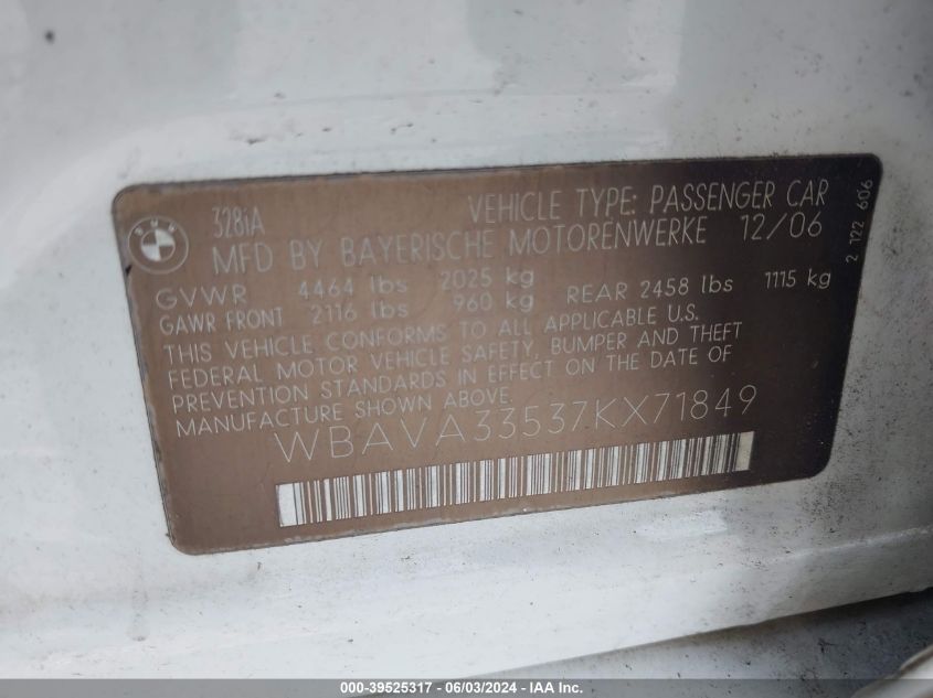 2007 BMW 328I VIN: WBAVA33537KX71849 Lot: 39525317