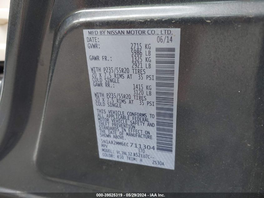 2014 Nissan Pathfinder Platinum VIN: 5N1AR2MM6EC711304 Lot: 39525319