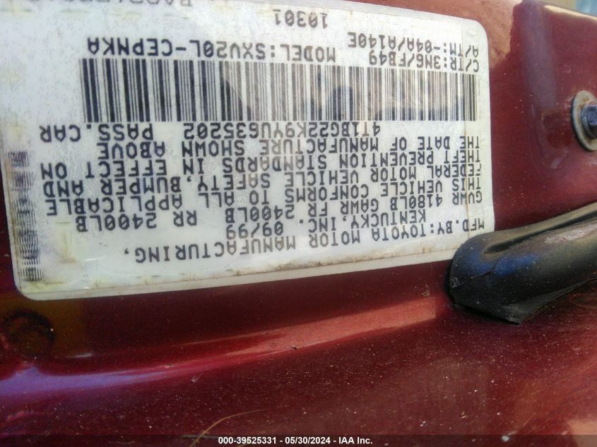 2000 Toyota Camry Le VIN: 4T1BG22K9YU635202 Lot: 39525331