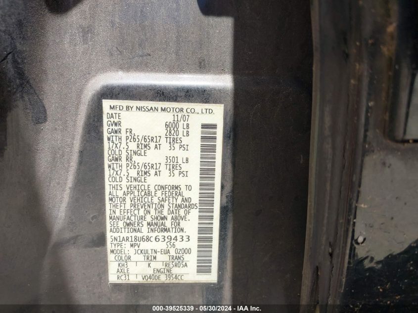 2008 Nissan Pathfinder Se VIN: 5N1AR18U68C639433 Lot: 39525339