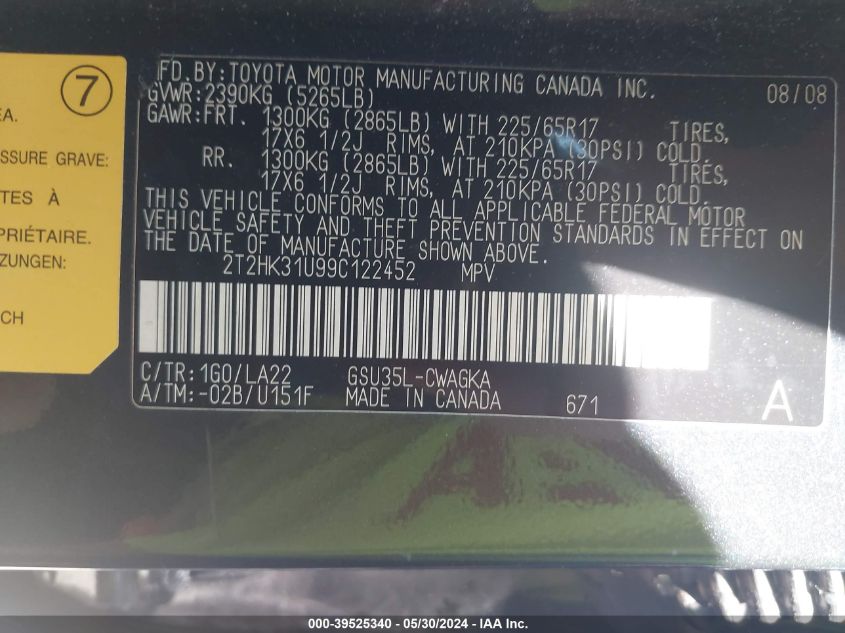 2009 Lexus Rx 350 VIN: 2T2HK31U99C122452 Lot: 39525340