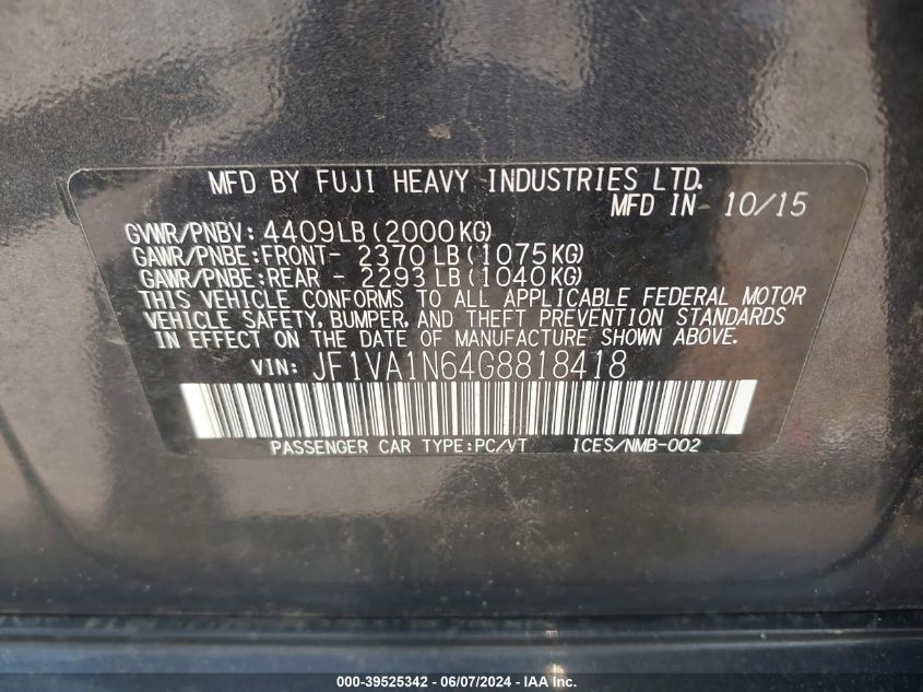 2016 Subaru Wrx Limited VIN: JF1VA1N64G8818418 Lot: 39525342