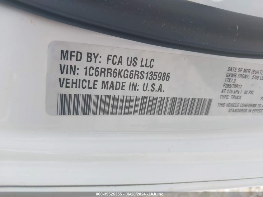 2024 Ram 1500 Classic Tradesman 4X2 5'7 Box VIN: 1C6RR6KG6RS135986 Lot: 39525355