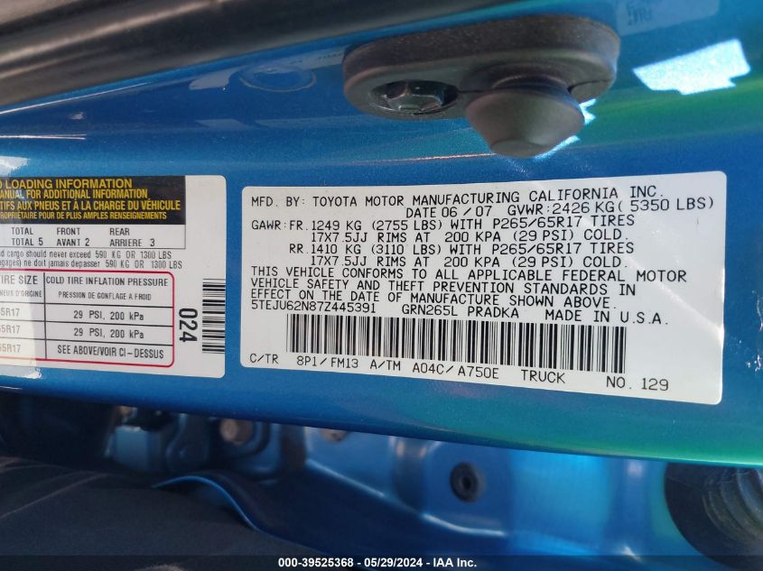 2007 Toyota Tacoma Prerunner V6 VIN: 5TEJU62N872445391 Lot: 39525368