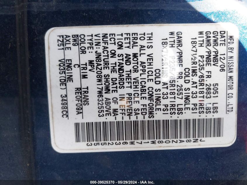 2007 Nissan Murano Sl VIN: JN8AZ08W17W632553 Lot: 39525370