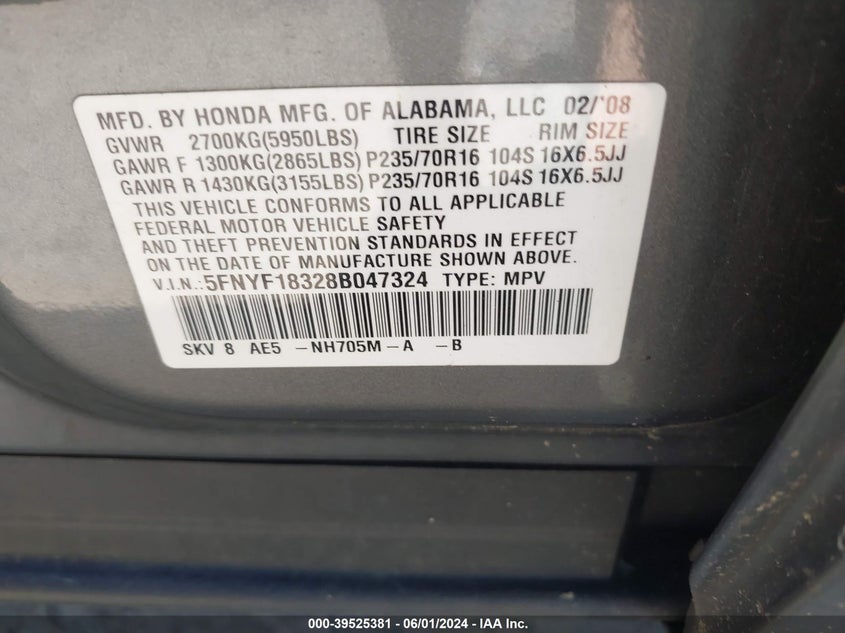 2008 Honda Pilot Se VIN: 5FNYF18328B047324 Lot: 39525381