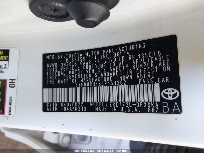 2014 TOYOTA COROLLA S PLUS - 5YFBURHE6EP151262