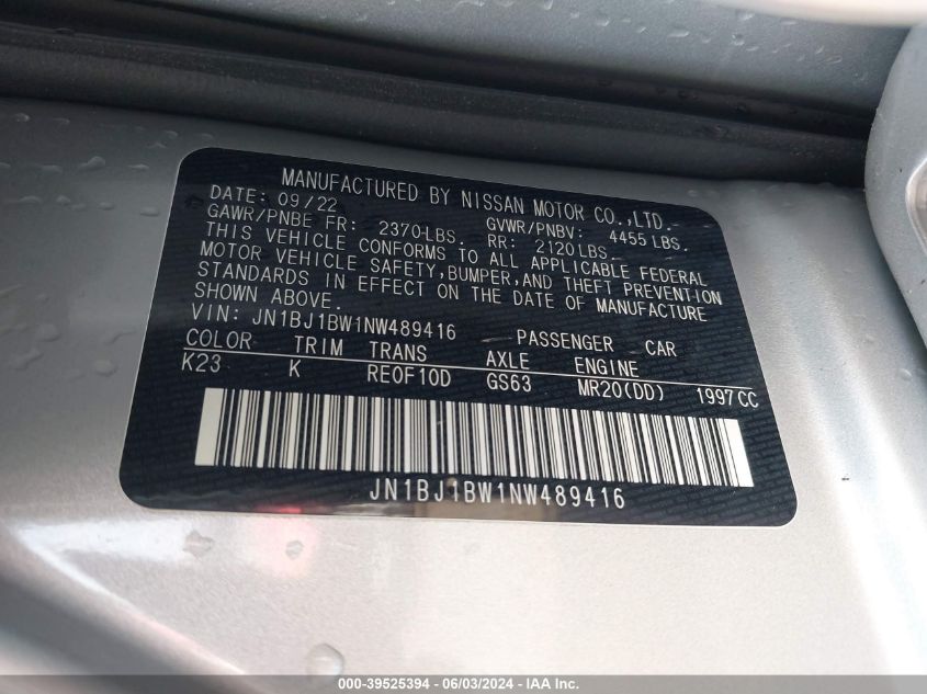 2022 Nissan Rogue Sport Sv Awd Xtronic Cvt VIN: JN1BJ1BW1NW489416 Lot: 39525394