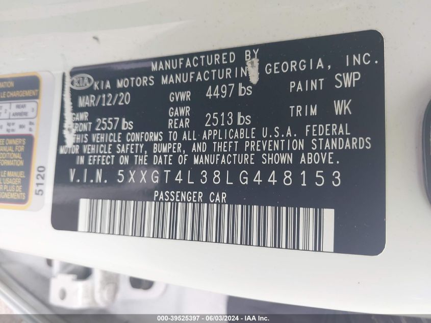 2020 Kia Optima Lx VIN: 5XXGT4L38LG448153 Lot: 39525397