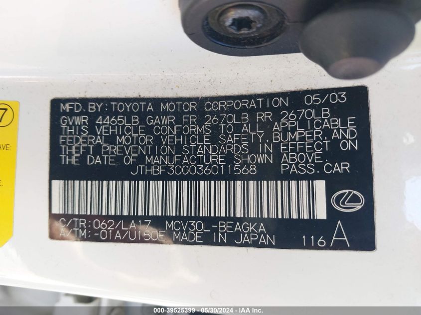 2003 Lexus Es 300 VIN: JTHBF30G036011568 Lot: 39525399