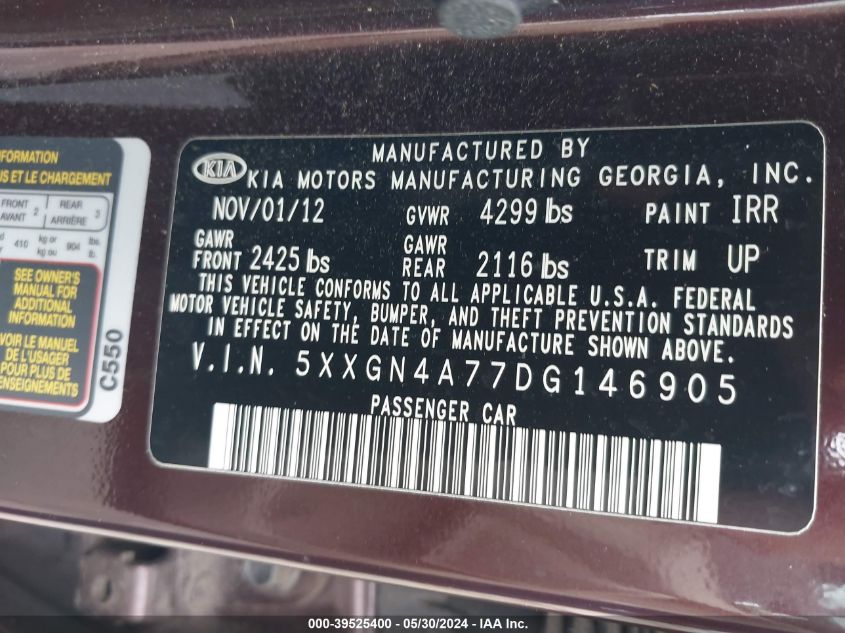 2013 Kia Optima Ex VIN: 5XXGN4A77DG146905 Lot: 39525400