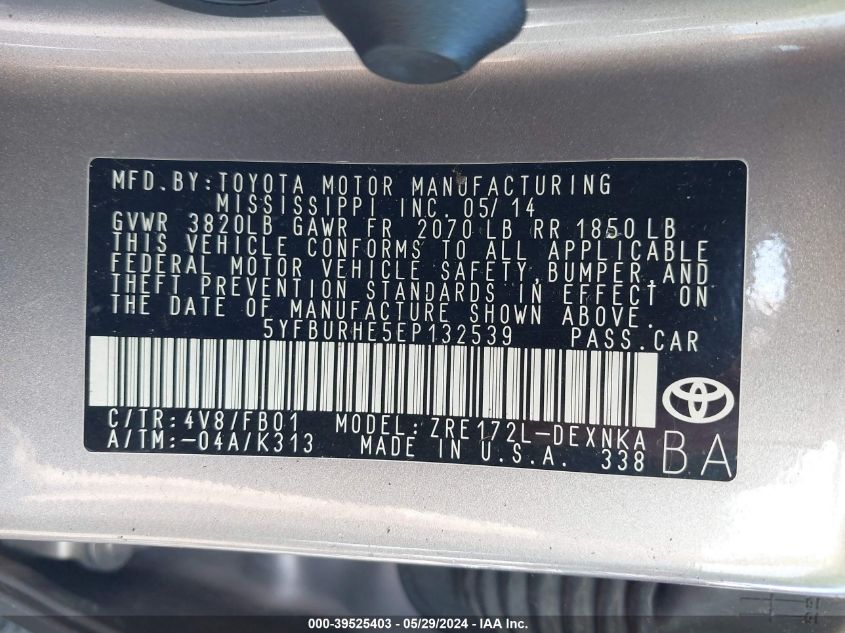 2014 TOYOTA COROLLA L/LE/LE PLS/PRM/S/S PLS - 5YFBURHE5EP132539