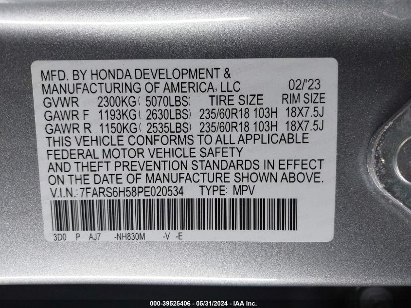 2023 Honda Cr-V Sport VIN: 7FARS6H58PE020534 Lot: 39525406