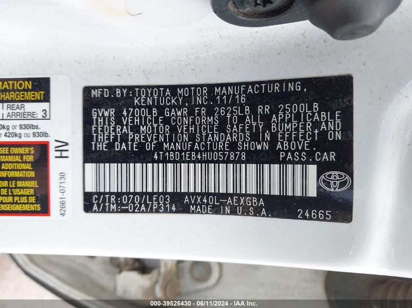 4T1BD1EB4HU057878 2017 Toyota Avalon Hybrid Xle Premium