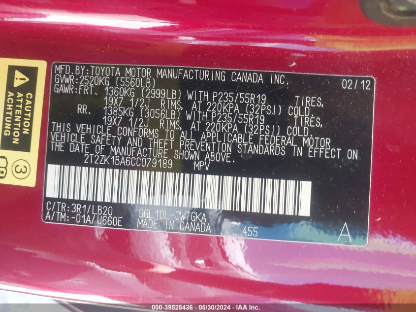 2012 Lexus Rx 350 VIN: 2T2ZK1BA6CC079189 Lot: 39525436