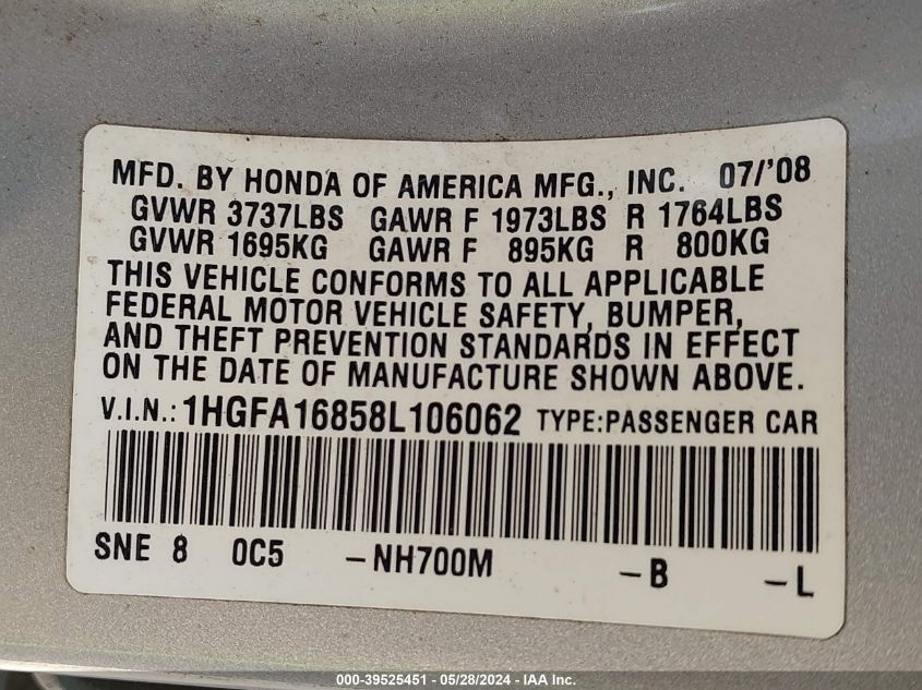 2008 Honda Civic Ex VIN: 1HGFA16858L106062 Lot: 39525451