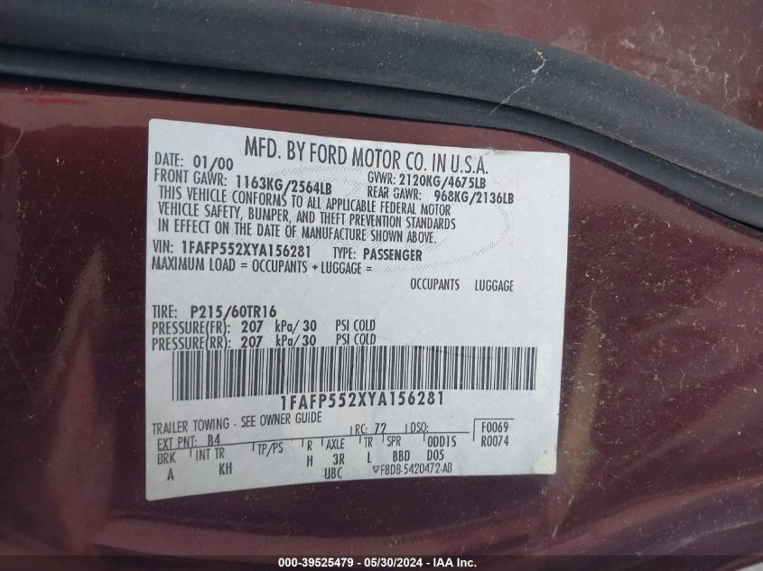 2000 Ford Taurus VIN: 1FAFPSS2XYA156281 Lot: 39525479