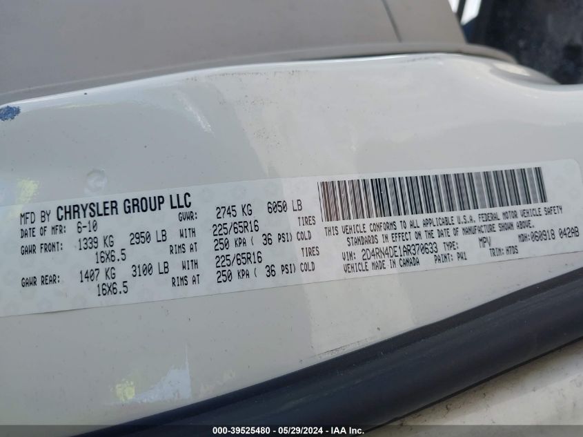 2010 Dodge Grand Caravan Se VIN: 2D4RN4DE1AR370633 Lot: 39525480