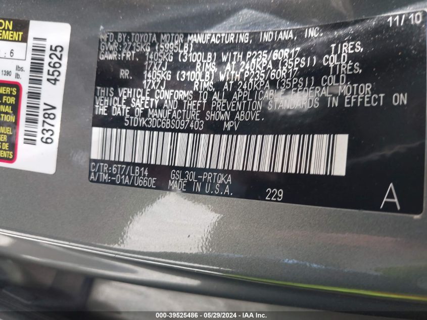 2011 Toyota Sienna Xle V6 VIN: 5TDYK3DC6BS097403 Lot: 39525486