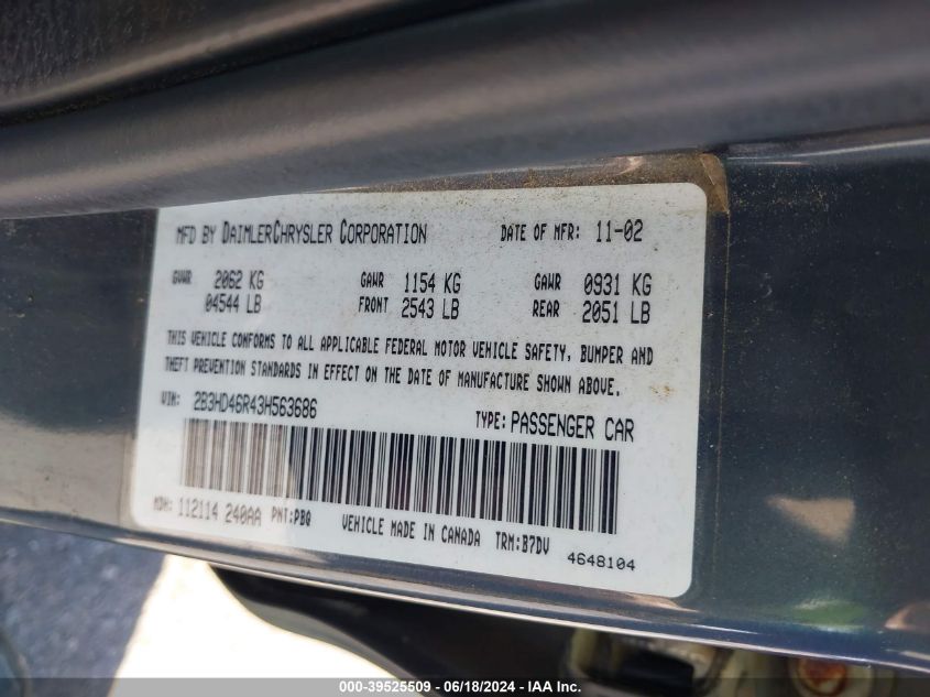 2003 Dodge Intrepid Se VIN: 2B3HD46R43H563686 Lot: 39525509