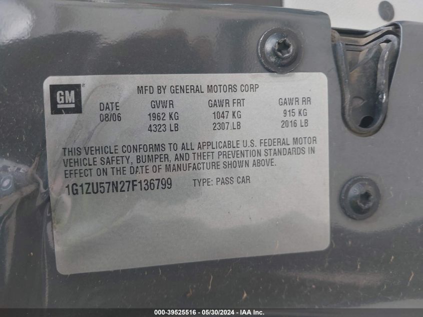 2007 Chevrolet Malibu Ltz VIN: 1G1ZU57N27F136799 Lot: 39525516