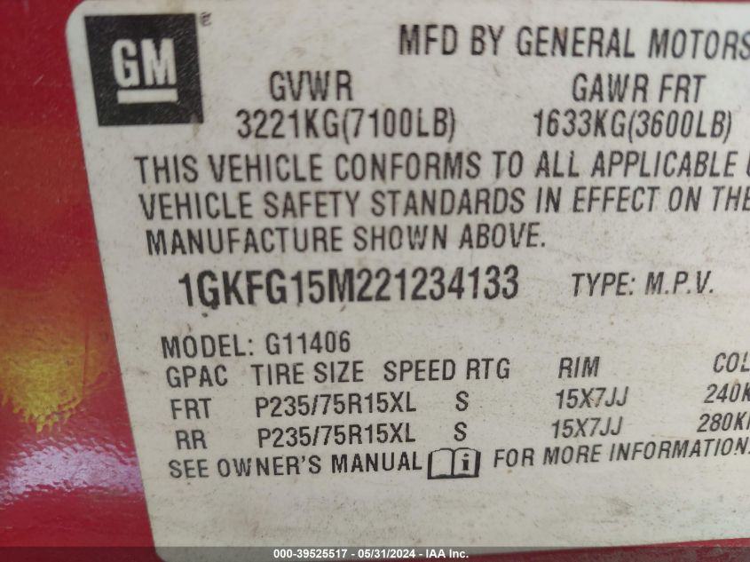 2002 GMC Savana Standard VIN: 1GKFG15M221234133 Lot: 39525517