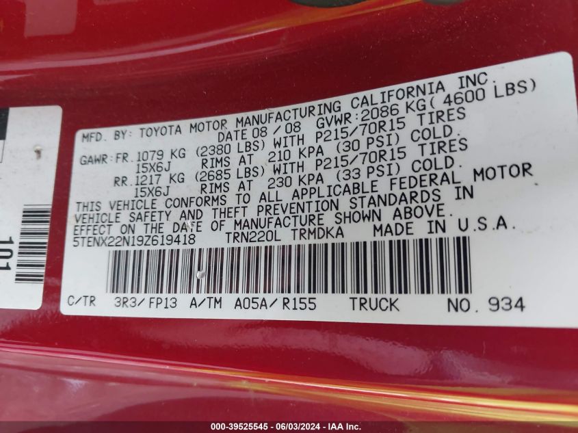 2009 Toyota Tacoma VIN: 5TENX22N19Z619418 Lot: 39525545