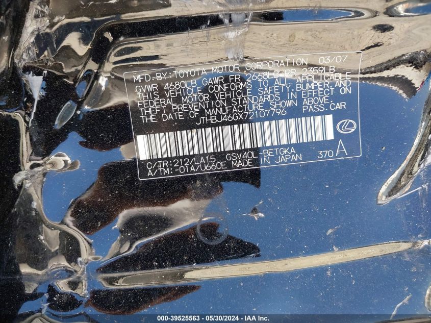 2007 Lexus Es 350 VIN: JTHBJ46GX72107796 Lot: 39525563